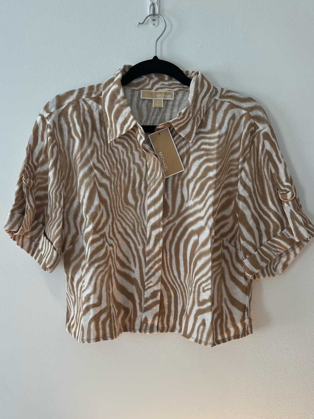 Michael Kors Women's Cropped Shirt Zebra-Print Linen Blend Top